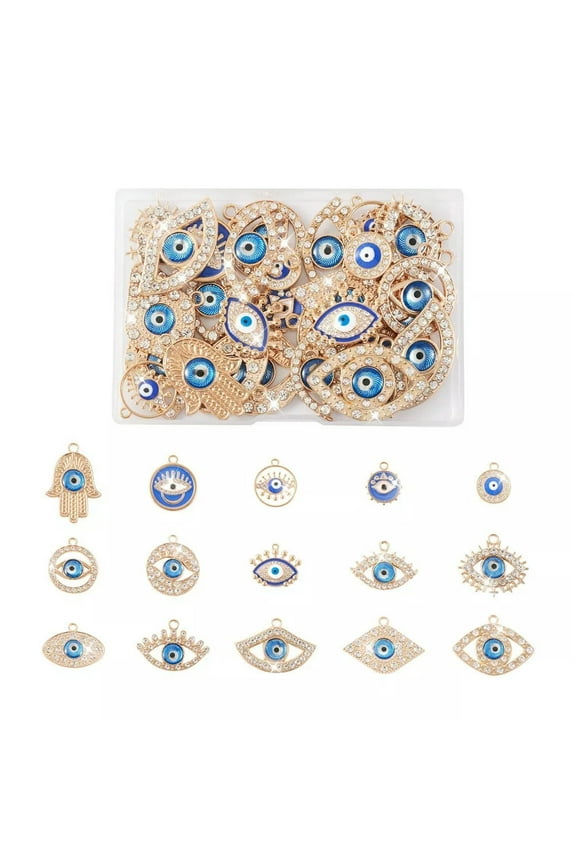1Box Alloy Evil Eye Pendants with Rhinestone Resin Beads and Enamel 18.5~32mm