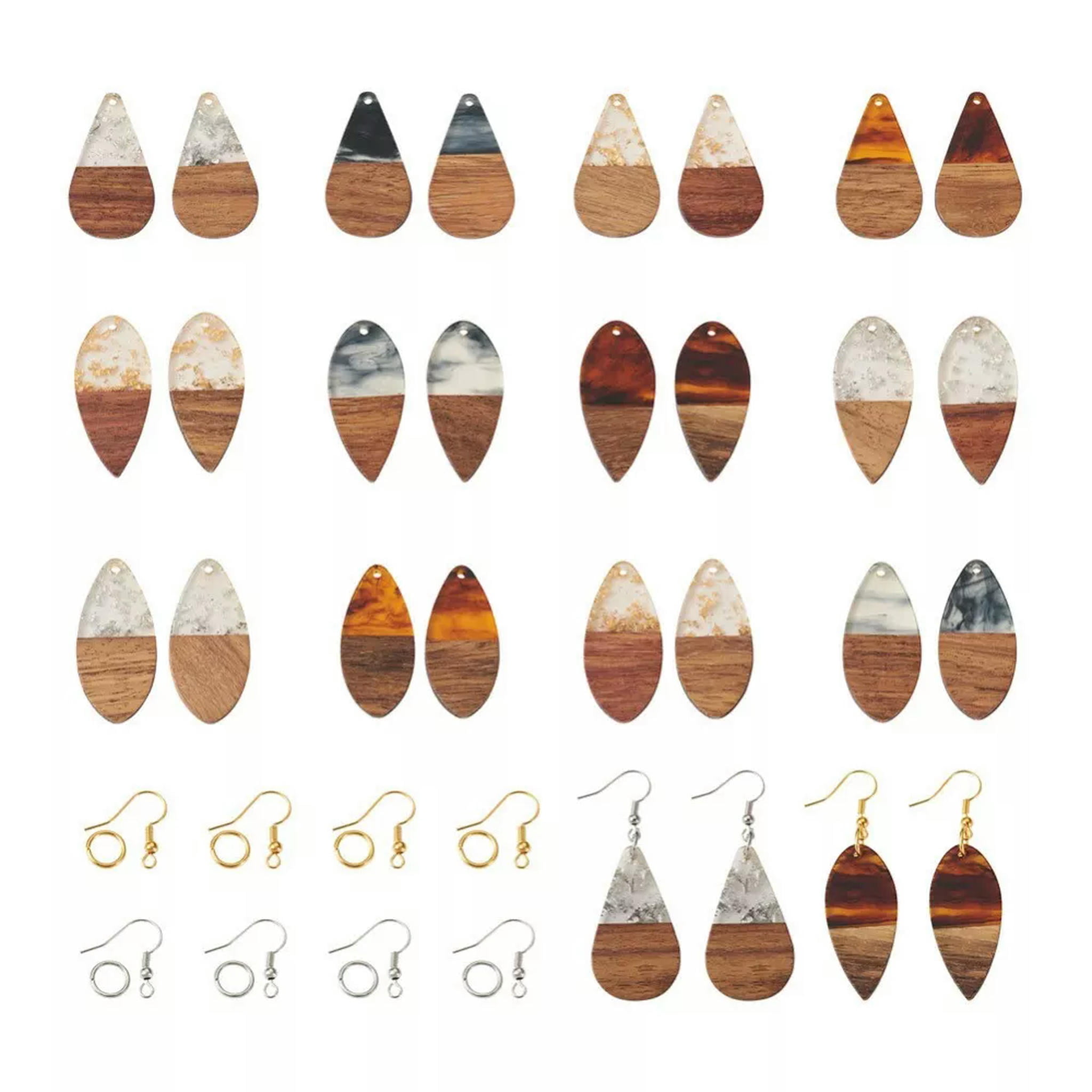 U8MO 1Box Resin Walnut Wood Pendants DIY Teardrop Dangle Earring Jump Ring Making Kit