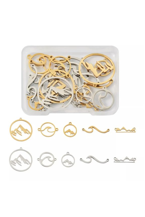 1Box Stainless Steel Mountain Wave Pendants Connectors Charms DIY Jewelry Making