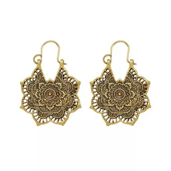 U8MO 1Pair Bohemian Retro Style Earring Alloy Hoop Earring Flower Jewelry Making 41mm-Antique Golden