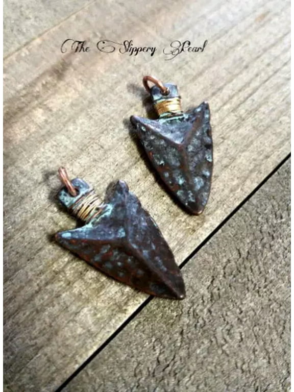 2 Arrowhead Charms Antiqued Copper Wire Wrapped Pendants Patina 1" *