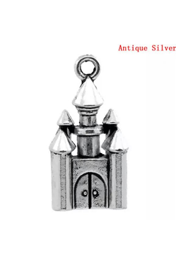 2 Castle Charms Antiqued Silver Fairy Tale Pendants Medieval 28mm