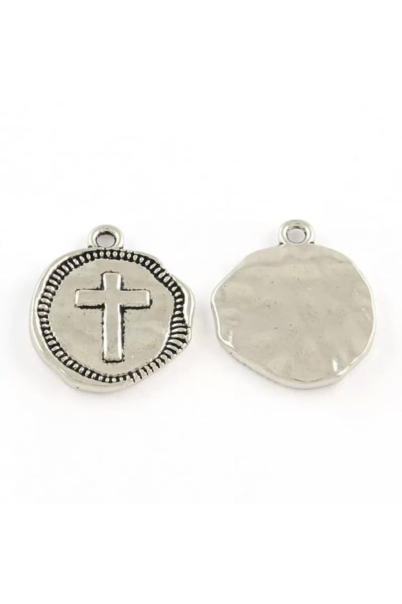 2 Circle Cross Charms Antiqued Silver Religious Pendants Findings Christian 22mm