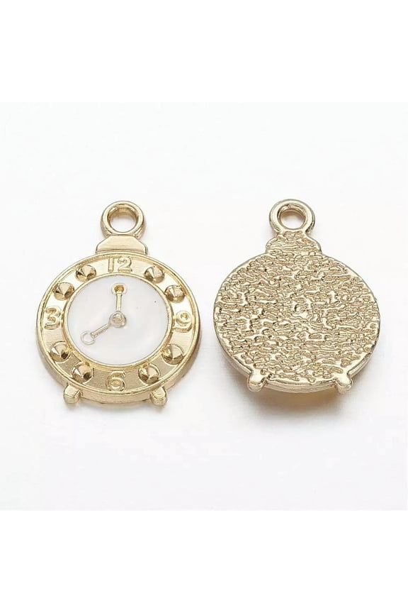 2 Clock Charms Gold Steampunk Pendants Enamel Pocket Watch Pieces White
