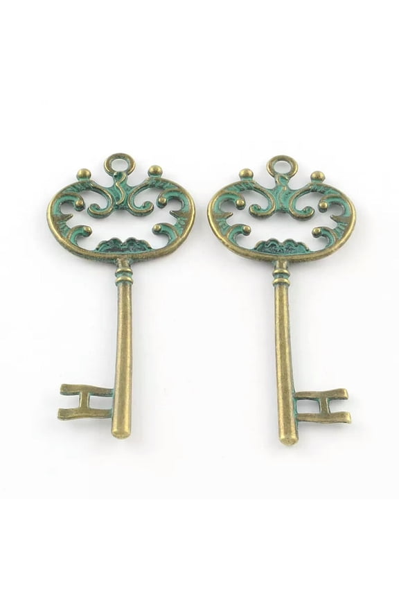 2 Large Key Pendants Bronze Patina Skeleton Keys Santa Keys Christmas 68mm