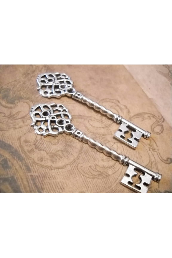 2 Large Skeleton Keys Pendants Steampunk Keys Antiqued Silver 68mm