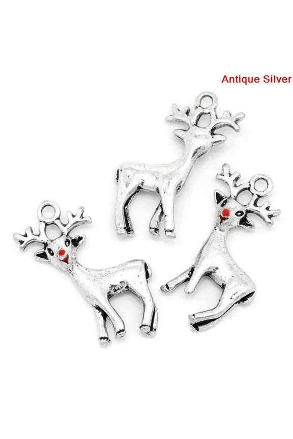 2 Rudolph Charms Antiqued Silver Red Nosed Reindeer Christmas Pendants Set
