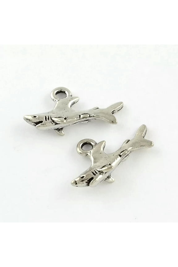 2 Shark Charms Antiqued Silver 2 Sided Great White Ocean Jewelry Supplies 25mm