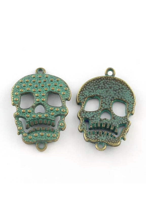 2 Skull Charms Antiqued Bronze Patina Pendants Gothic Halloween Verdigris Green