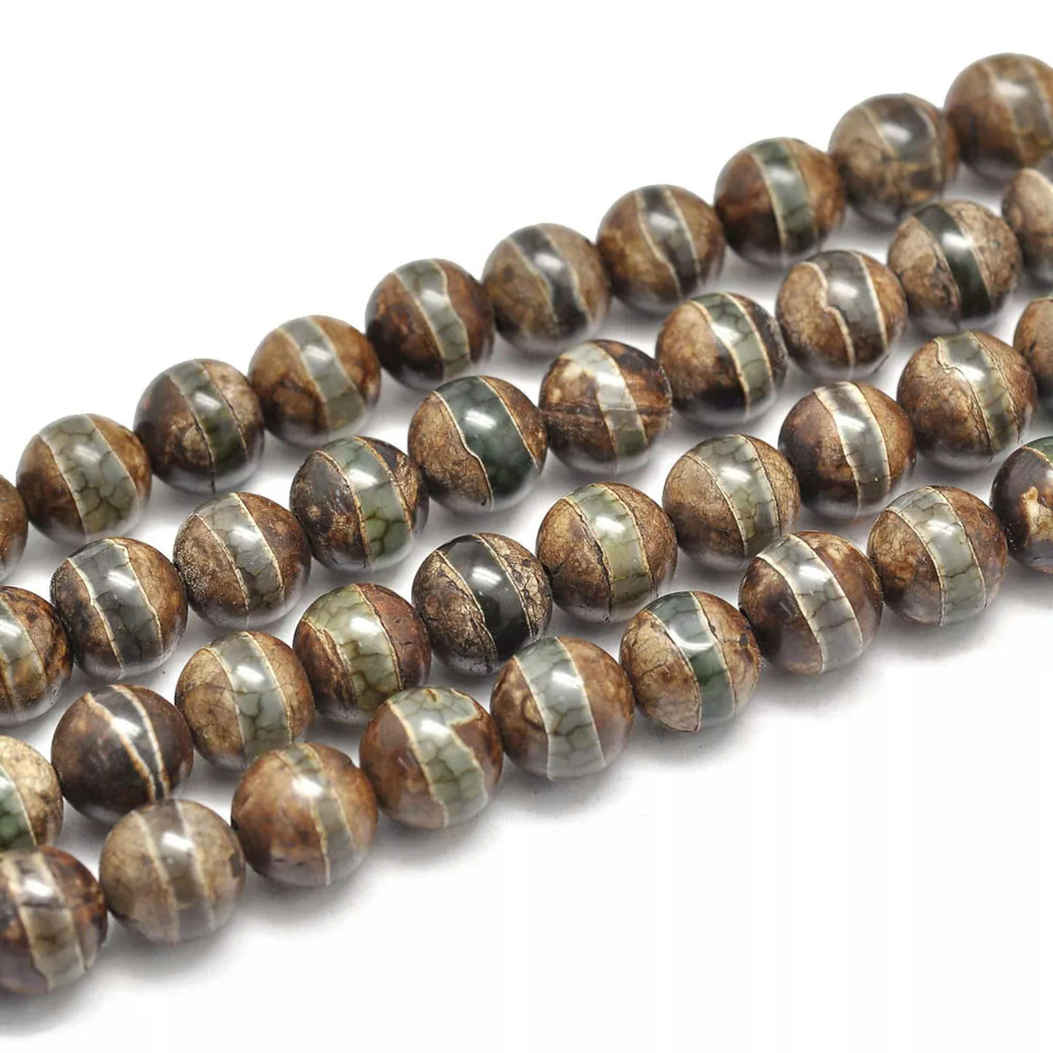 U8MO 2 Strds Natural Tibetan dZi Agate Tone Beads Strip Round Smooth Dark Khaki 8mm