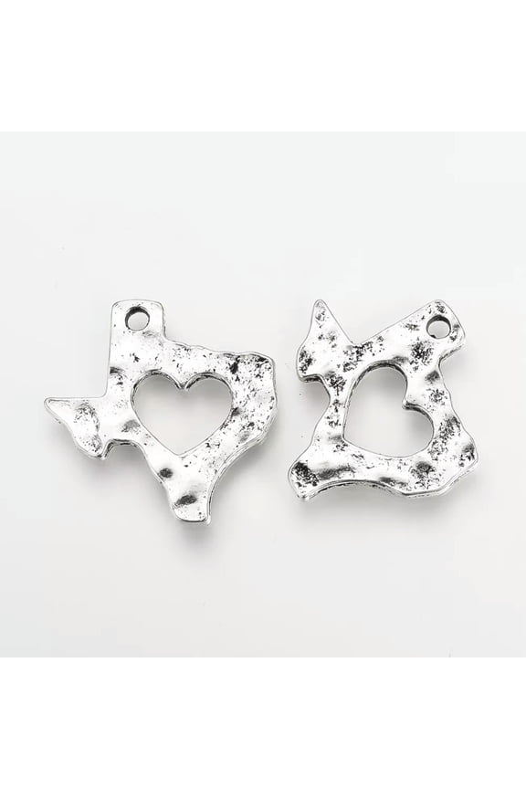 2 Texas Charms Pendants State of Texas Highly Detailed Lone Star Heart Silver