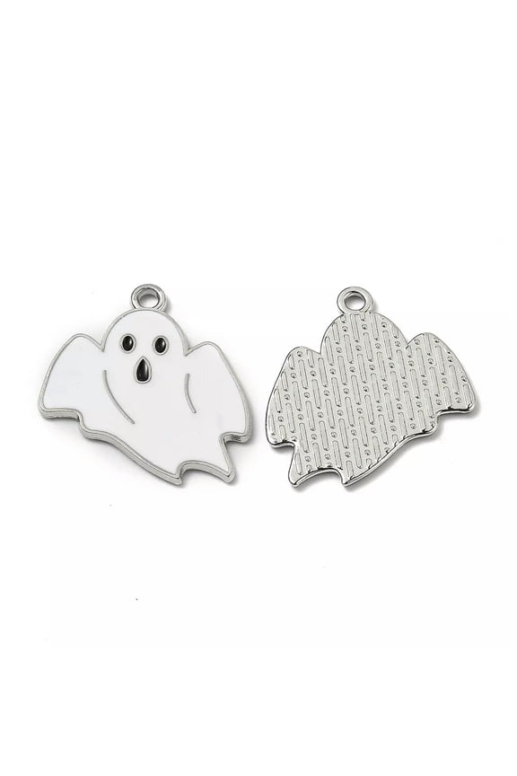 2 White Enamel Ghost Charms Silver Pendants Halloween Findings Jewelry Supplies