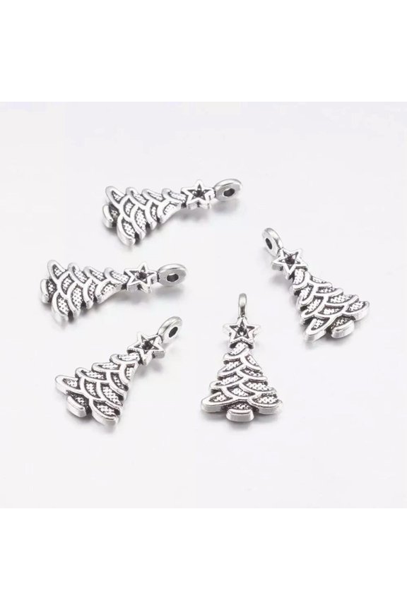 20 Christmas Tree Charms Antique Silver Pendants Findings Holiday Set 21mm