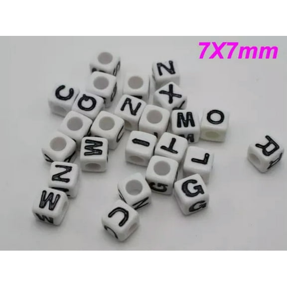 U8MO 200 Assorted Alphabet Letter Acrylic Cube Pony Beads 7X7mm Jewelry Kids Craft-5-3# White with Black