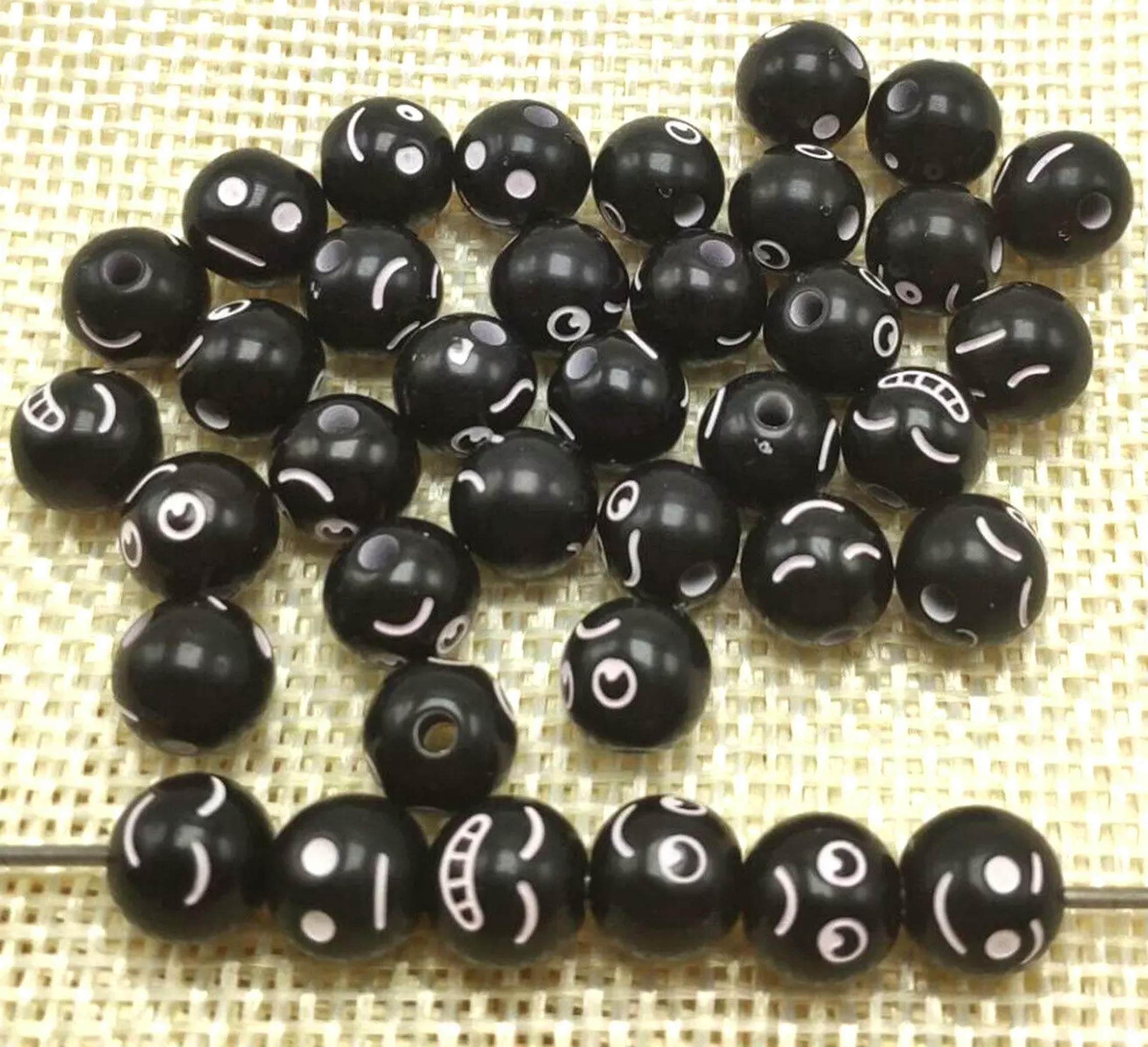 U8MO 200 Black Assorted Facial Expression Smile Round Beads 8mm(0.32") Kid Craft