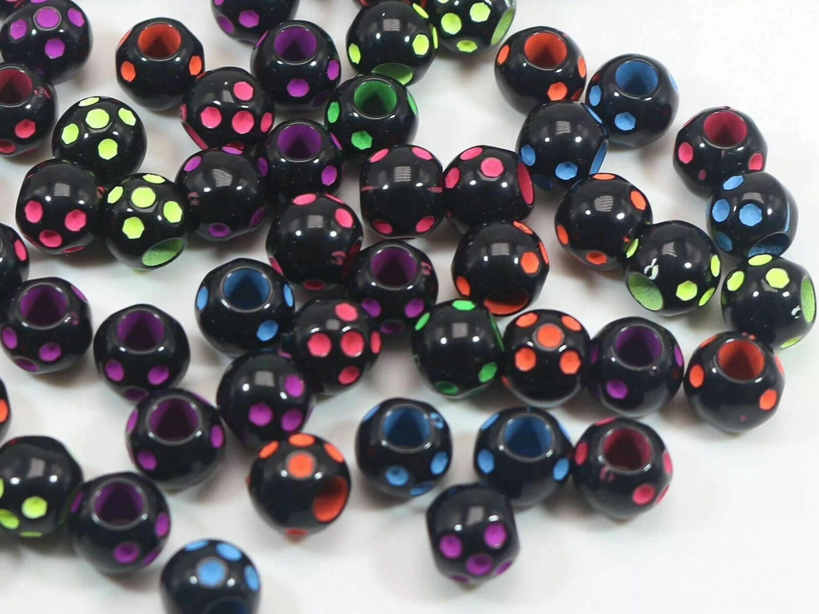 U8MO 200 Black with Neon Coloured Dots Round Pony Beads 10mm for Kids Craft Kandi