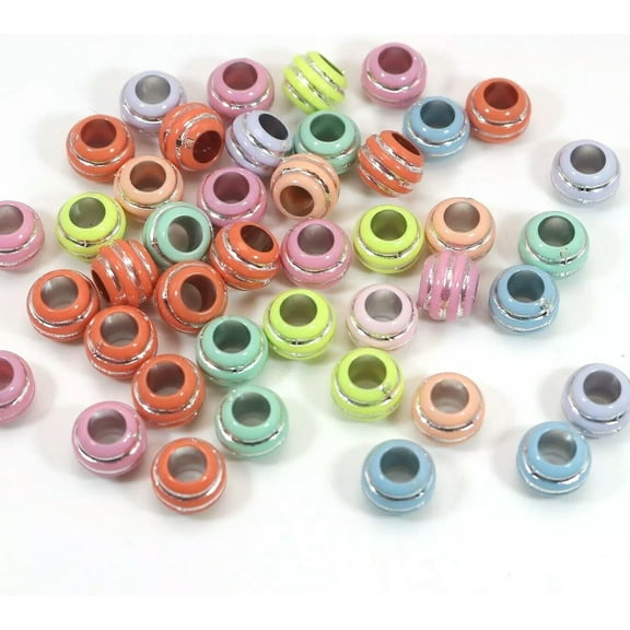 U8MO 200 Mixed Color Silver Stripe Round Pony Beads 10mm for Kids Craft Kandi Bracele