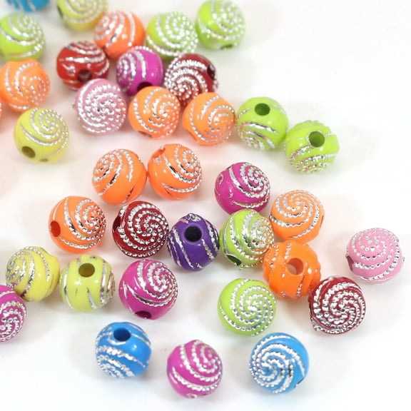 U8MO 200 Mixed Color Sparkling Spiral Silver Dots Acrylic Round Beads 8mm Kid Craft