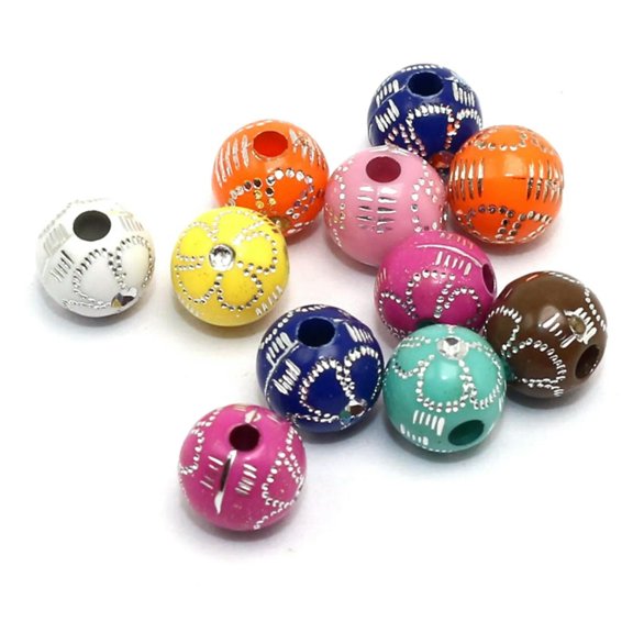 U8MO 200 Mixed Colour Sparkling Silver Flower Pattern Acrylic Round Beads 8mm