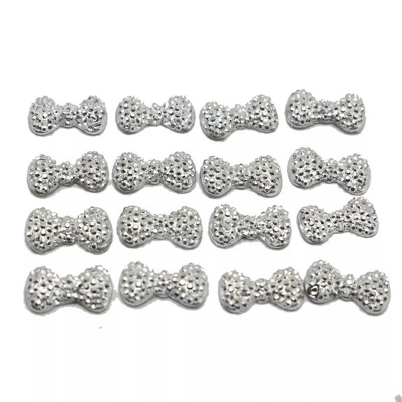 U8MO 200 Silver Bowknot Bows Flatback Resin Dotted Rhinestone Gems 13X7mm