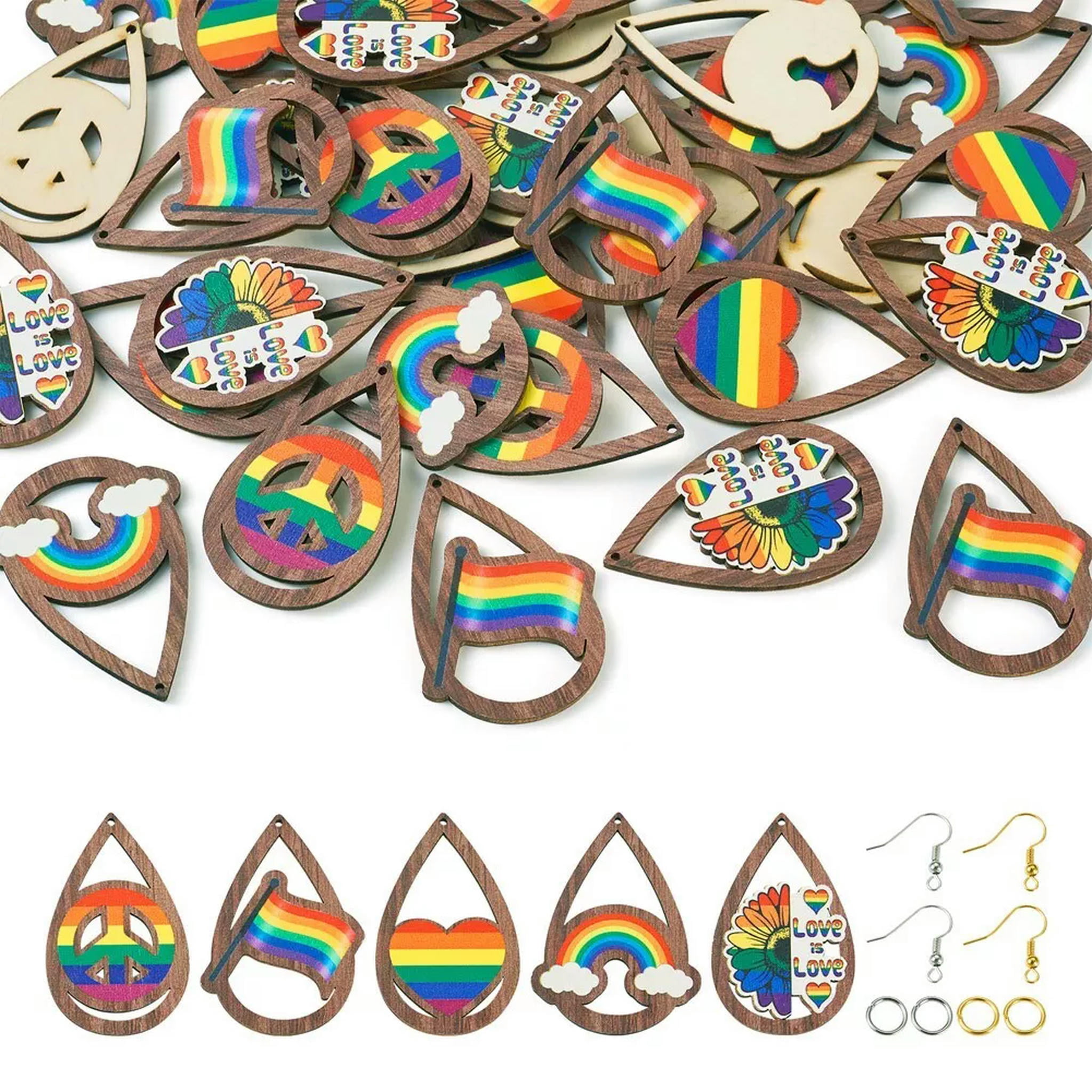 U8MO 200Pcs/box Teardrop Heart Peace Sign DIY Rainbow Color Pride Earring Making Kits