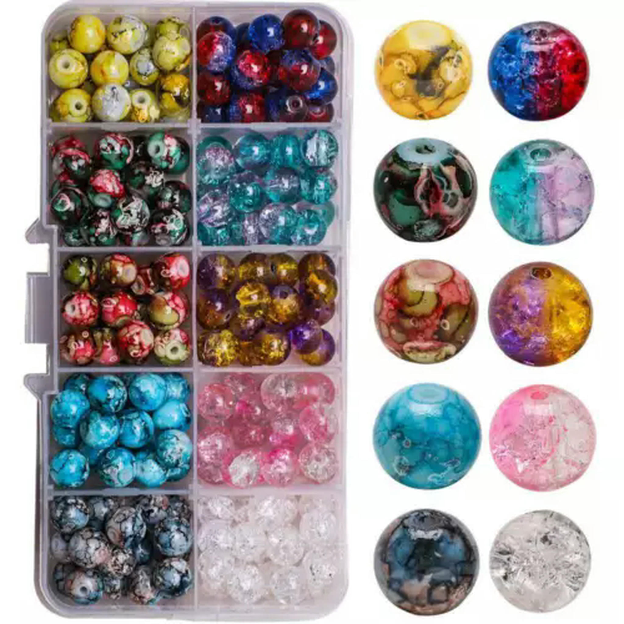 U8MO 200pcs 10Colors Mixed 8mm Crackle Glass Bead Beading Kit Box for Jewelry Making-2#