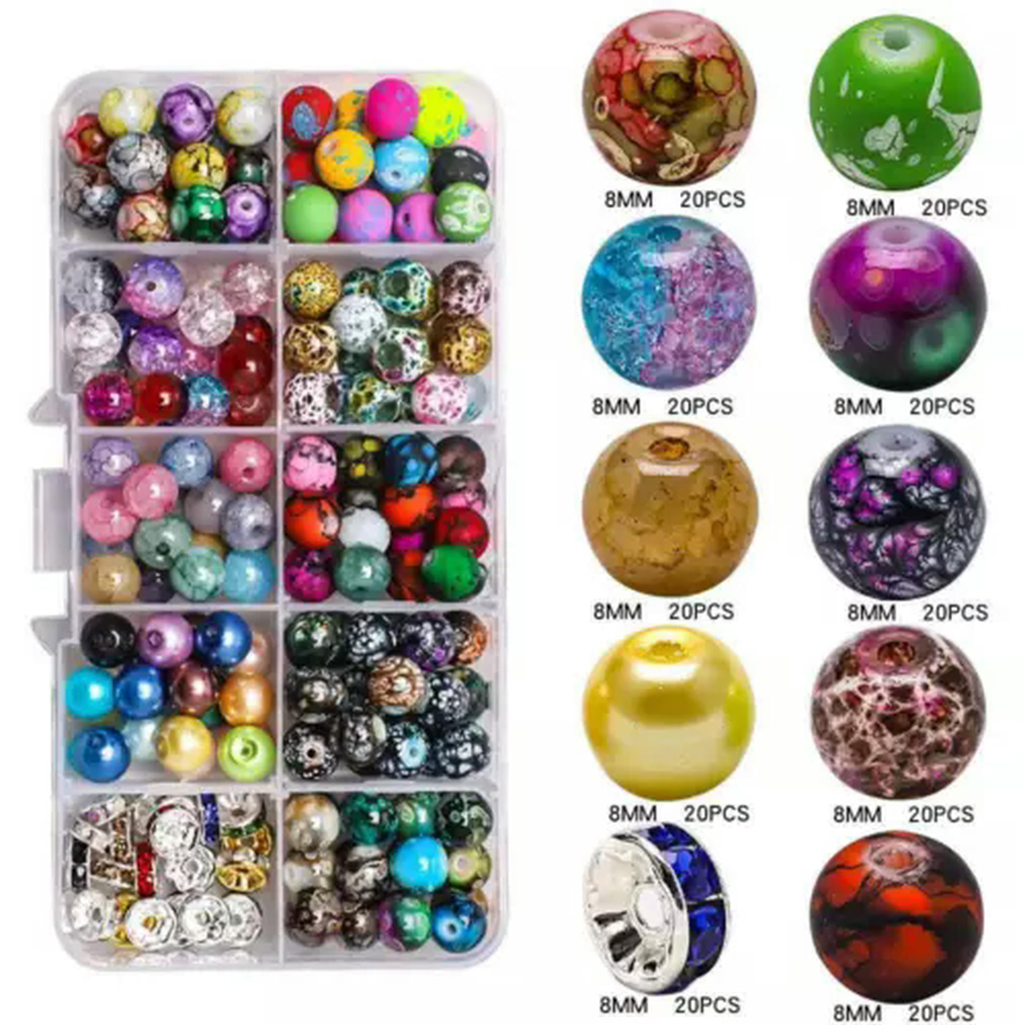 U8MO 200pcs 10Colors Mixed 8mm Crackle Glass Bead Beading Kit Box for Jewelry Making-4#