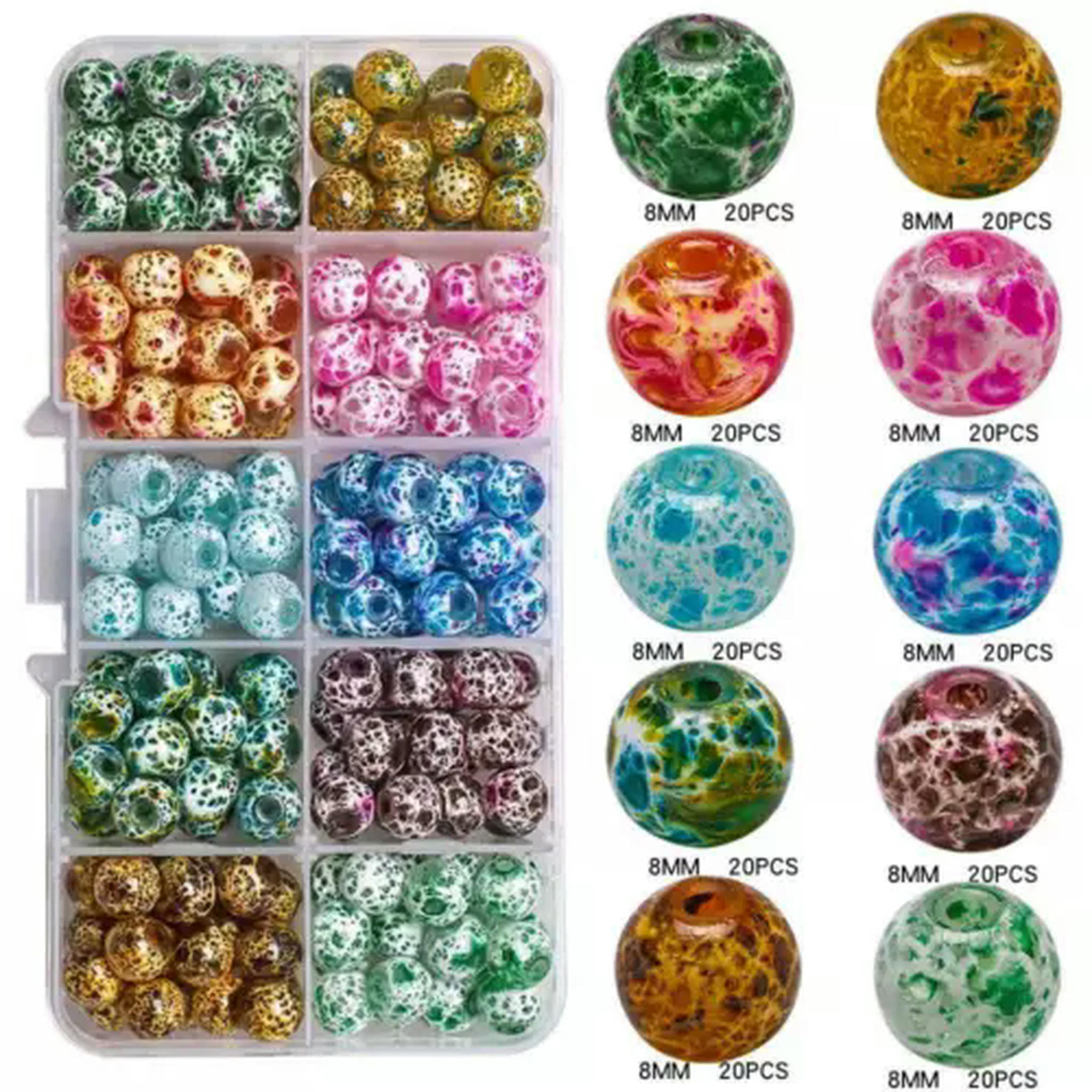 U8MO 200pcs 10Colors Mixed 8mm Crackle Glass Bead Beading Kit Box for Jewelry Making-5#