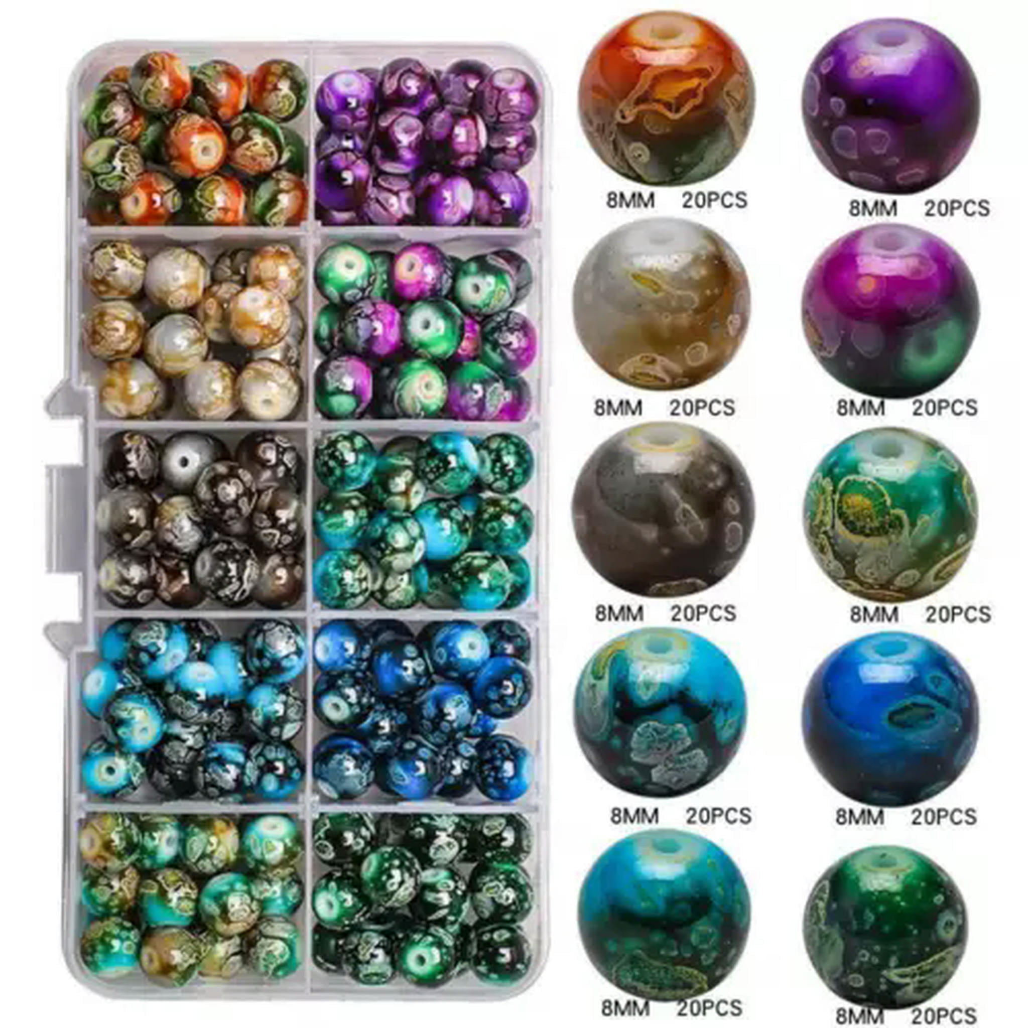 U8MO 200pcs 10Colors Mixed 8mm Crackle Glass Beads Beading Kit Box for Jewelry Making-8#