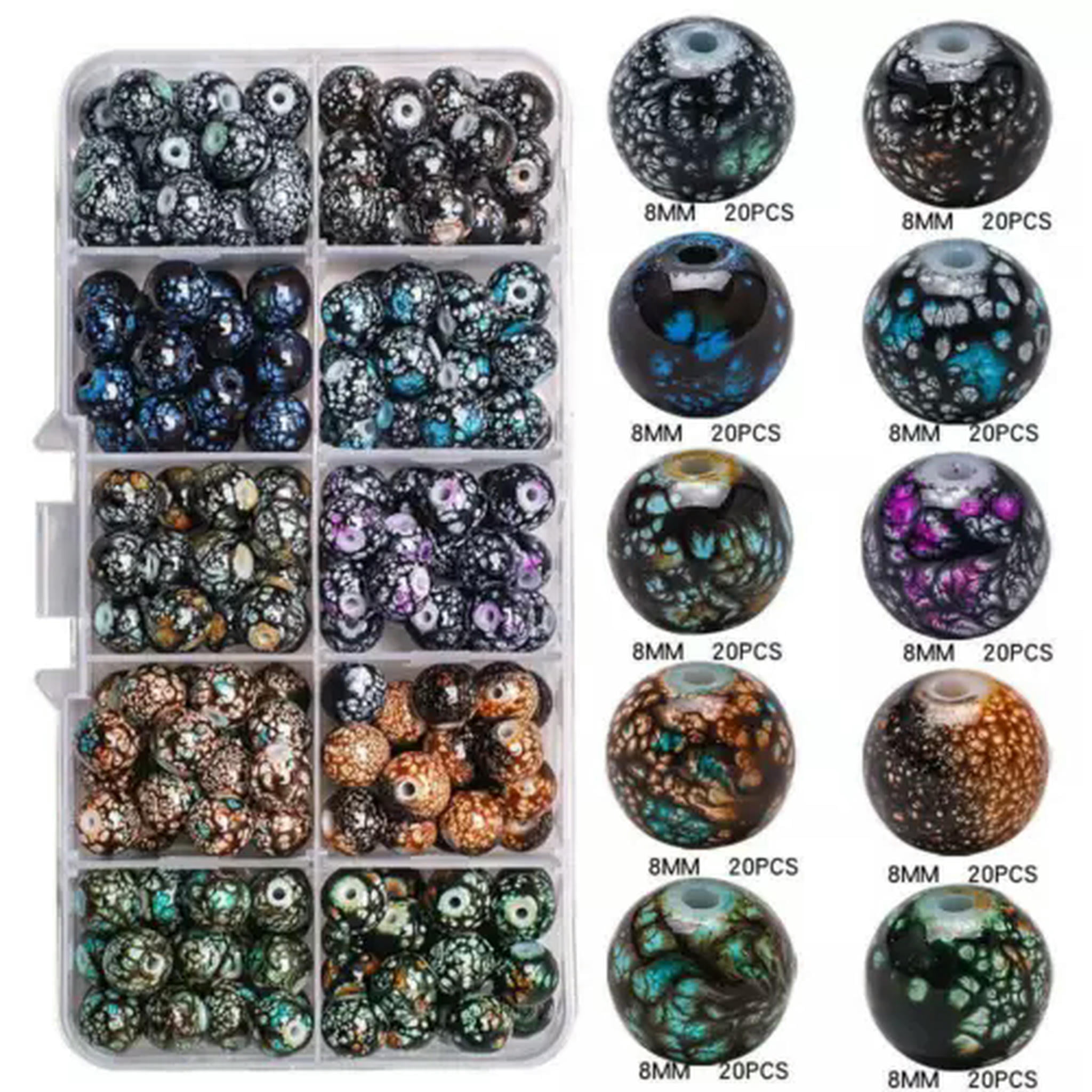 U8MO 200pcs 10Colors Mixed 8mm Crackle Glass Beads Beading Kit Box for Jewelry Making-7#