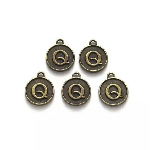 U8MO 200pcs 14mm Flat Round Letter A~Z Alloy Pendant Antique Bronze Alphabet Charms-Q