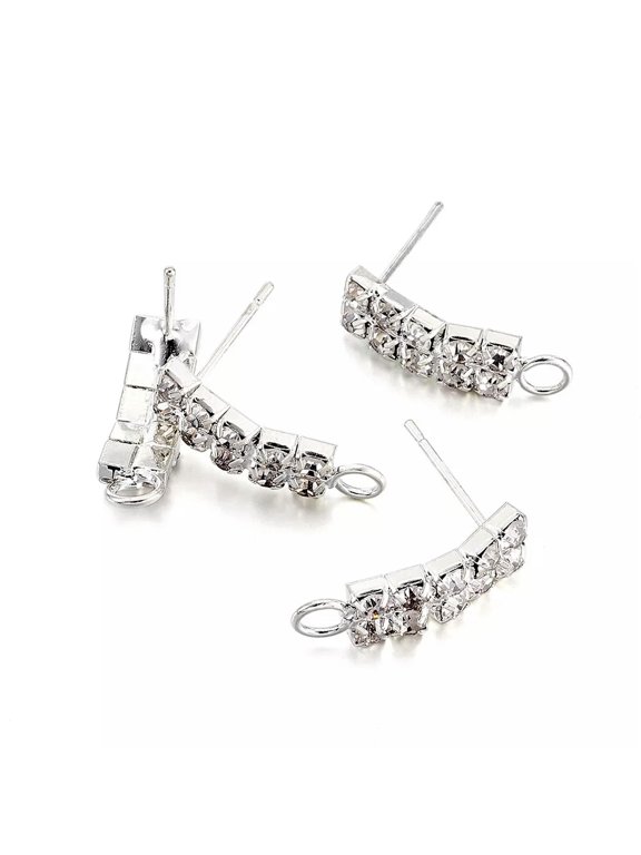 20PC Brass Pave Crystal Rhinestone Earring Posts Stud Loop Rectangle Silver 19mm