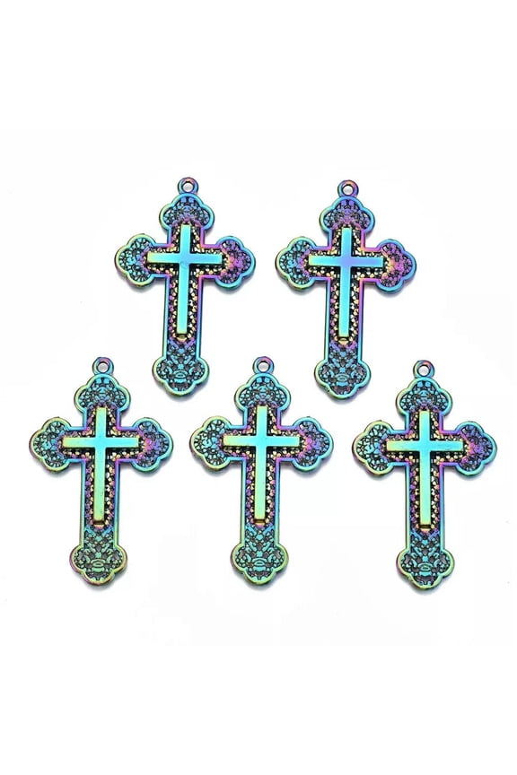 20Pcs Rainbow Color Cross Alloy Big Pendants Crafts For Jewelry Making 54x33x3mm