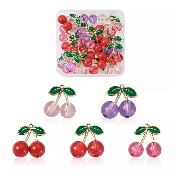 U8MO 20pc 3D Cherry Alloy Enamel Pendants Fruit Dangle Charms Hang Ornament 27x23.5mm