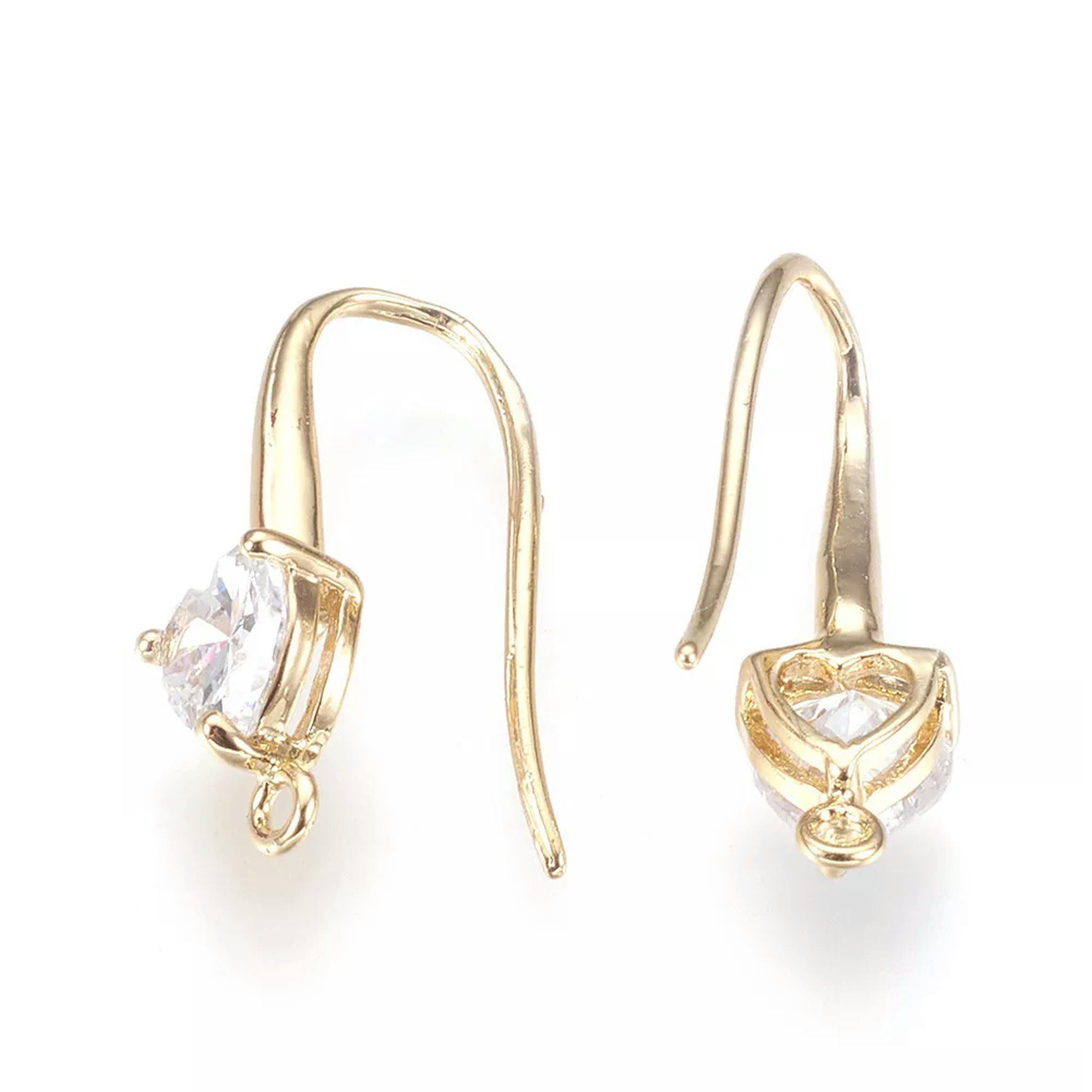 U8MO 20pc Brass Cubic Zirconia Earring Hooks Heart Gold Plated French Earwire 22x13mm