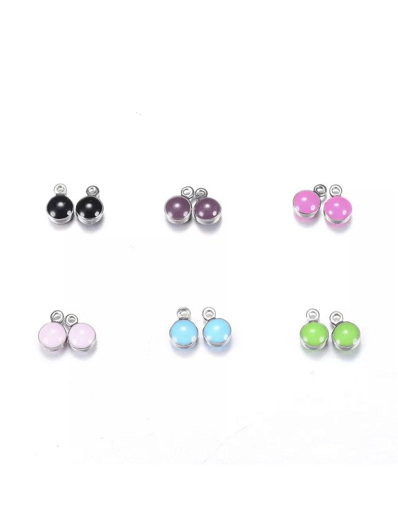 20pcs 304 Stainless Steel Enamel Charms Mini Dangle Pendants Flat Round 7x4.5mm