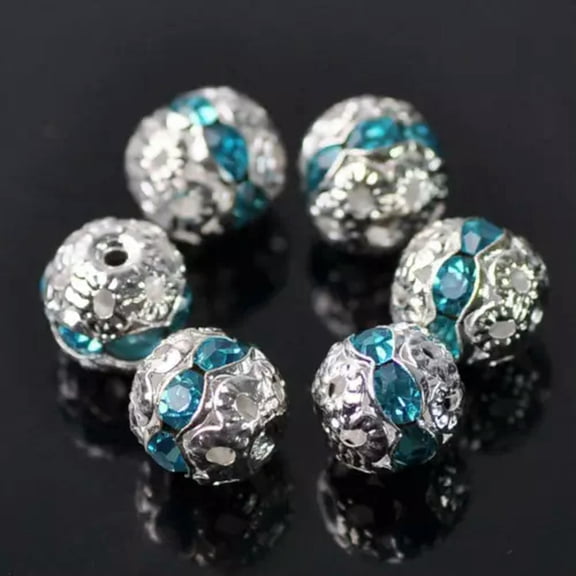 U8MO 20pcs 8mm Round Silver Plated Crystal Rhinestones Loose Metal Spacer Beads-Lake Blue