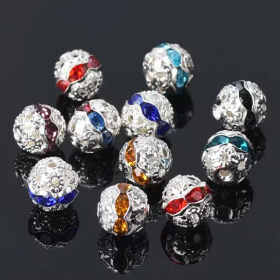 U8MO 20pcs 8mm Round Silver Plated Crystal Rhinestones Loose Metal Spacer Beads-Random Mixed