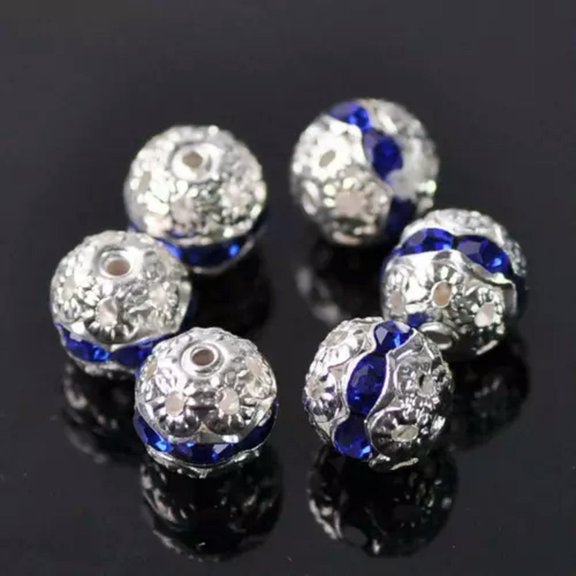 U8MO 20pcs 8mm Round Silver Plated Crystal Rhinestones Loose Metal Spacer Beads-Royal Blue