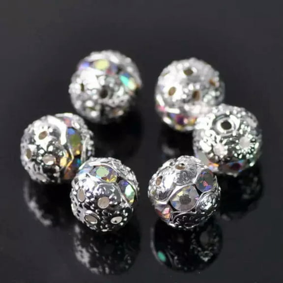 U8MO 20pcs 8mm Round Silver Plated Crystal Rhinestones Loose Metal Spacer Beads-Silver AB