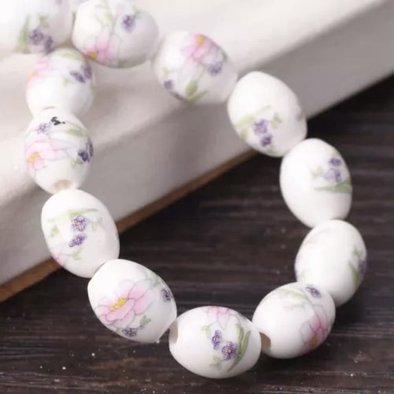 U8MO 20pcs 8x10mm Oval Floral Pattern Ceramic Porclelain Loose Beads for DIY Jewelry-E# Pink