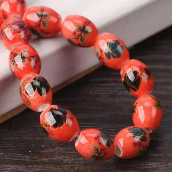 U8MO 20pcs 8x10mm Oval Floral Pattern Ceramic Porclelain Loose Beads for DIY Jewelry-H# Red