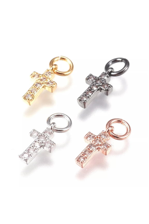 20pcs Brass Paved Cubic Zirconia Cross Charms Mini Dangle Pendants Findings 9mm
