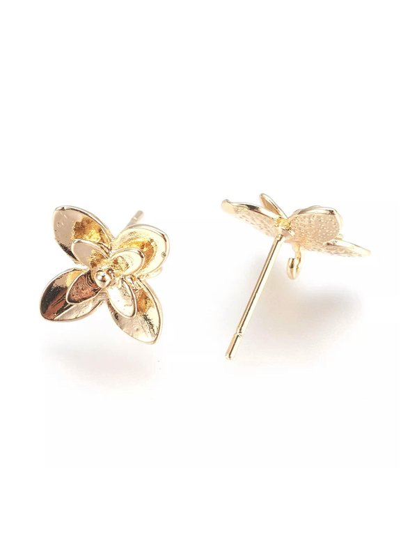 20pcs Gold Plated Brass 3D Flower Earring Posts Dangle Loop Stud Finidngs 10.5mm