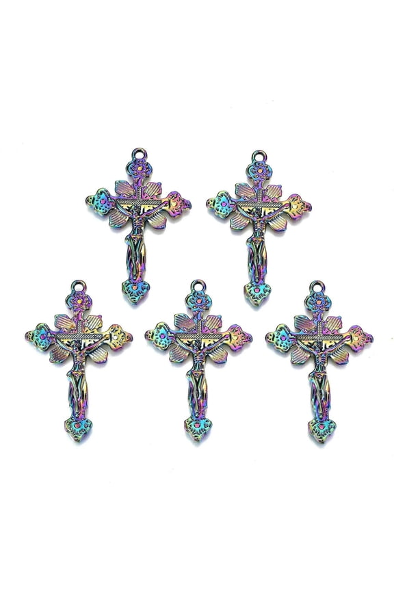 20pcs Rainbow Alloy Cross with Jesus Pendants Multi-color Dangle Charms 45x29mm