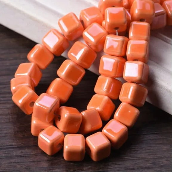 U8MO 20pcs Shiny Glazed 6mm 8mm 10mm Cube Ceramic Porcelain Loose Beads DIY Jewelry-Orange-8mm