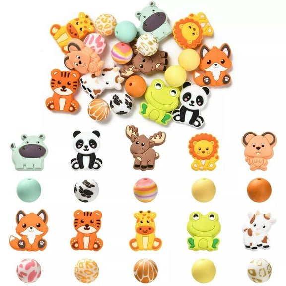 U8MO 20x Animals Round Silicone Panda Lion Tiger Fox Cow Focal Beads for DIY Jewelry