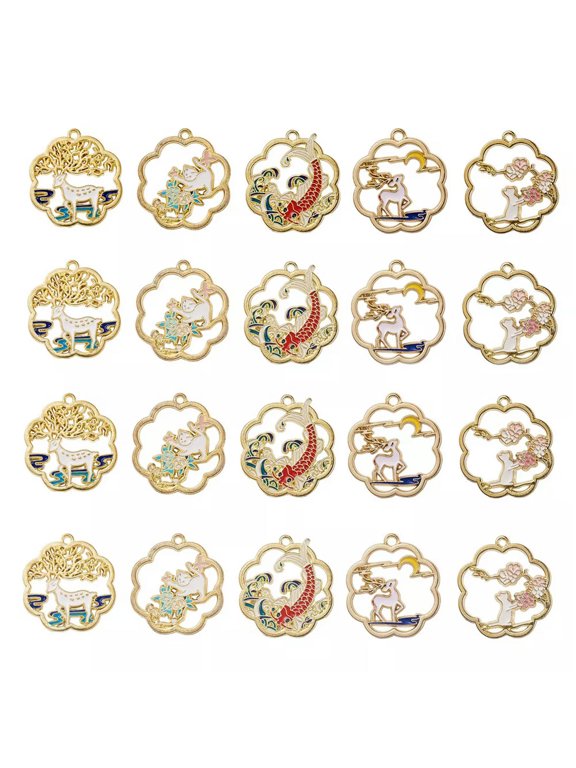 20x Enamel Cat Carp Fish Sika Deer Flower Charms Pendants for DIY Jewelry Making