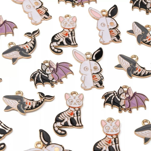 U8MO 20x Halloween Skeleton Rabbit Bat Dolphins Cat Charm Pendants for Jewelry Making