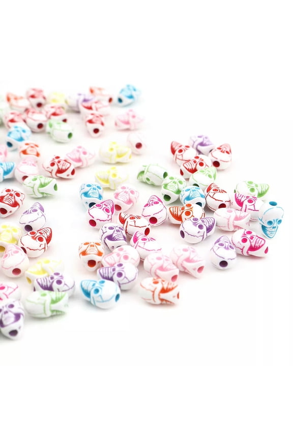 240 Skull Beads White Rainbow Acrylic Gothic Halloween Jewelry Supplies Set 13mm
